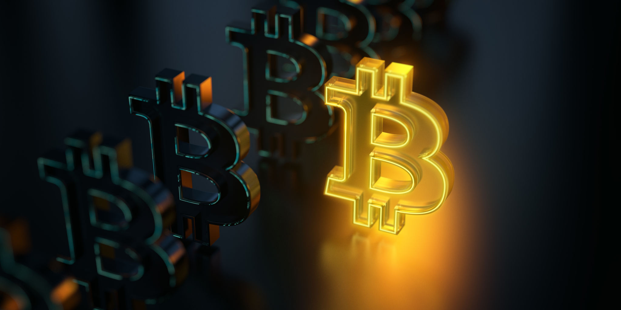 Glowing Crypto currency symbol standing out from the crowd on dark background. Yellow transparent glass material glowing Glowing Crypto currency symbol standing out from the crowd on dark background. Yellow transparent glass material glowing