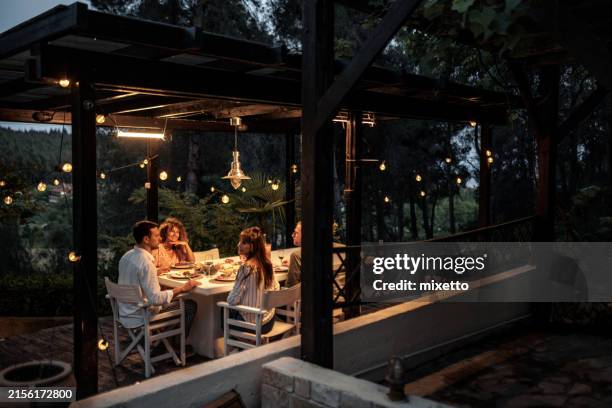 groupe d’amis dînant sur la terrasse dans la cour arrière - repas entre amis photos et images de collection