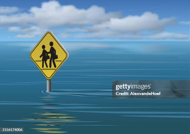 ilustraciones, imágenes clip art, dibujos animados e iconos de stock de inundación con señal de paso de peatones - inundación