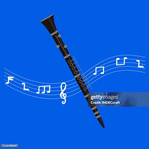 illustrazioni stock, clip art, cartoni animati e icone di tendenza di strumento clarinetto con nota musicale - flauto