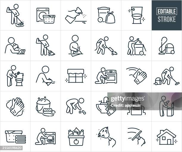 ilustraciones, imágenes clip art, dibujos animados e iconos de stock de limpieza de iconos de línea fina - trazo editable - aspiradora-artículo-de-limpieza