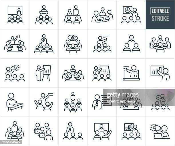 illustrazioni stock, clip art, cartoni animati e icone di tendenza di presentazioni aziendali, conferenze e corsi di formazione icone a linea sottile - tratto modificabile - discorso programmatico