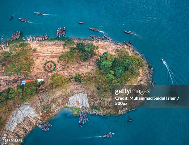 aerial view of boats moored at beach,chandpur district,bangladesh - bangladesh stock pictures, royalty-free photos & images