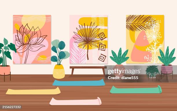 yoga studio class space with no people - yoga studio stock illustrations
