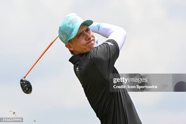 Carlos Ortiz watches his tee shot on 3 during the final round of the LIV Golf Houston tournament on June 9, 2024 at Golf Club of Houston, in Humble,...