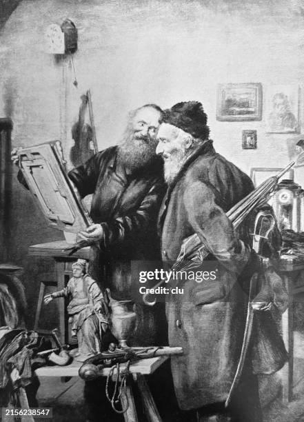 two senior artists with long beards talking about an artwork, one holding a sword on his back - easel stock illustrations