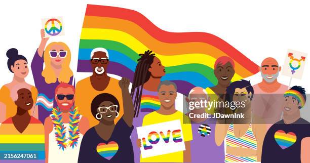 vibrant and colorful large crowd of diverse people celebrating pride month june waving pride flags - pride stock illustrations