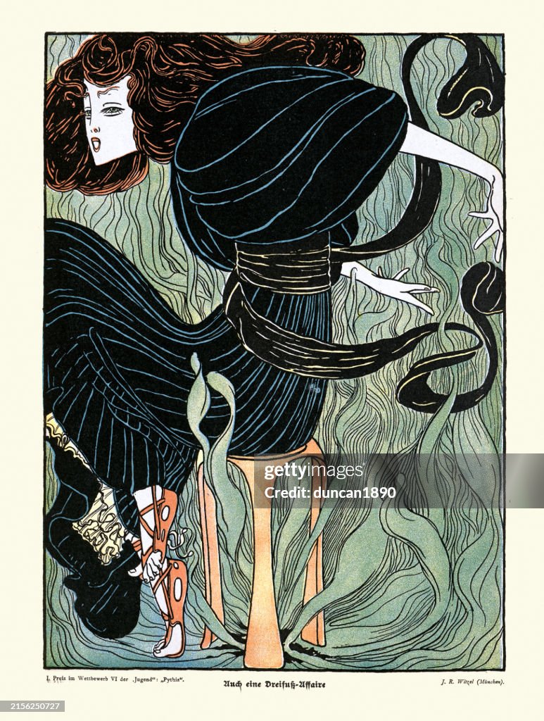 The Oracle, Pythia, high priestess of the Temple of Apollo at Delphi, Art Nouveau, Jugendstil, History 19th Century, Vintage illustration, after J.R. Witzel