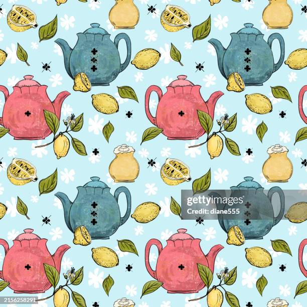 teapots and lemons seamless pattern - afternoon tea stock illustrations