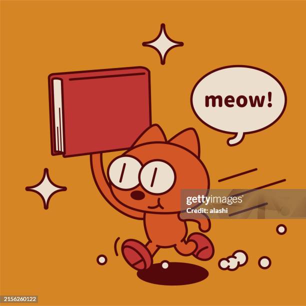 ein schrulliges, niedliches kätzchen mit einem buch in der hand und bereit zum lesen - rezeptbuch stock-grafiken, -clipart, -cartoons und -symbole