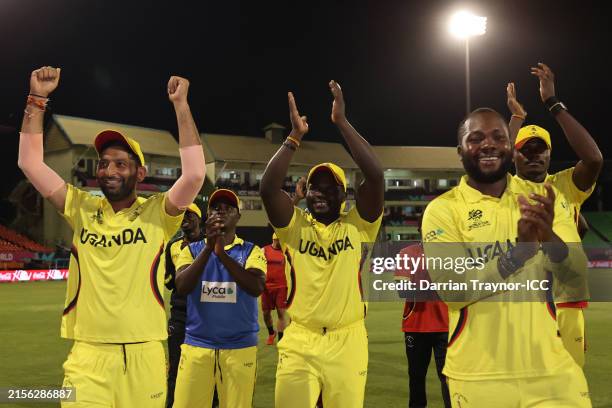 Uganda players celebrate towards their fans after winning for Uganda's first ever ICC World Cup victory in the during the ICC Men's T20 Cricket World...