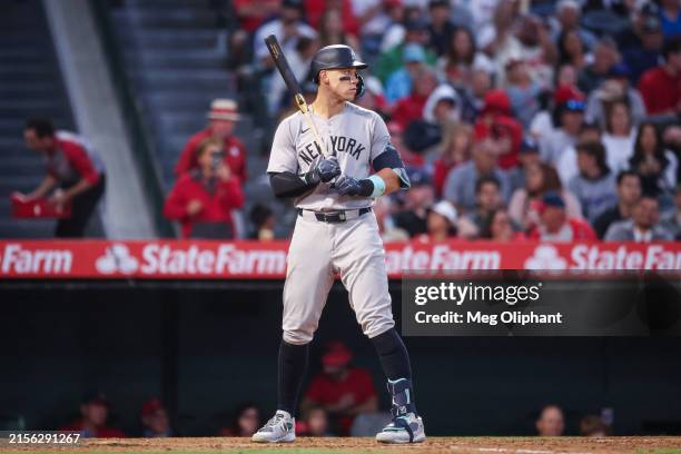 Aaron Judge of the New York Yankees bats in the sixth inning against the Los Angeles Angels at Angel Stadium of Anaheim on May 30, 2024 in Anaheim,...
