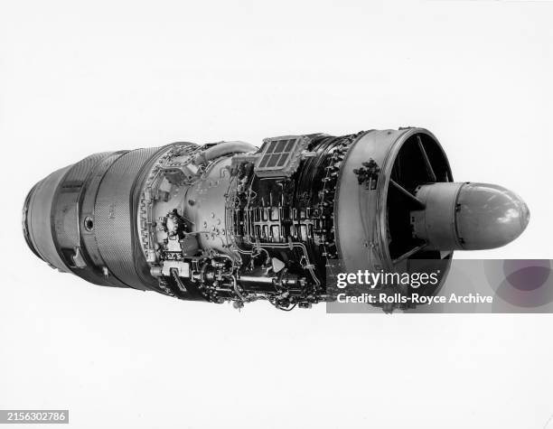 England, September 1962: Starboard side front 3/4 view of a Rolls-Royce Avon 300 series jet engine.