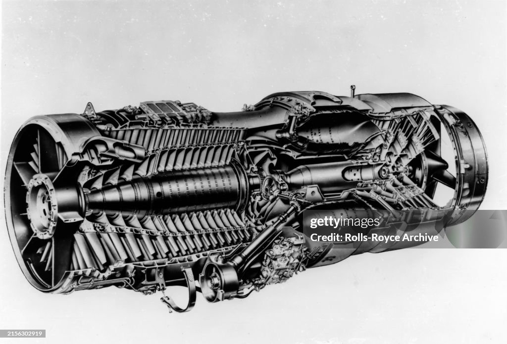 A cutaway drawing of a Rolls-Royce Avon jet engine. News Photo - Getty ...