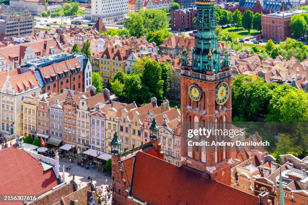 historic gdansk cityscape: aerial view of colorful buildings. - gdansk stock pictures, royalty-free photos & images