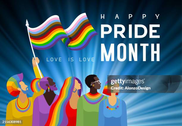 ilustraciones, imágenes clip art, dibujos animados e iconos de stock de desfile del orgullo. bandera lgbt colorida. banner del feliz mes del orgullo. - bandera del arco iris