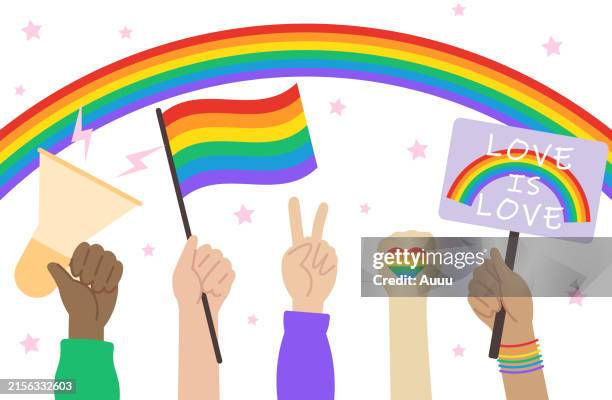hands holding megaphone, sign and flags with lgbt rainbow. - pride progress flag stock illustrations