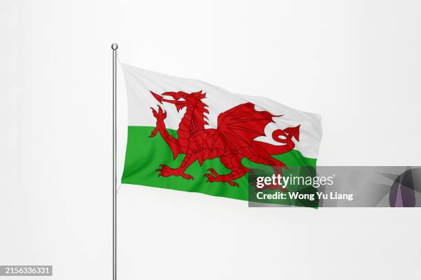 flag of wales on white background - pole stock pictures, royalty-free photos & images