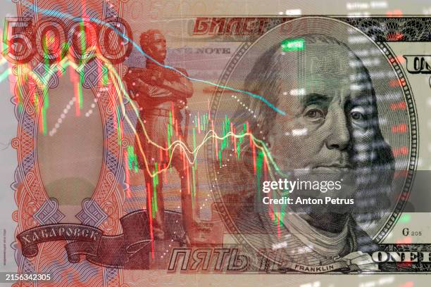 russian rubles and us dollars against the backdrop of economic data - billete de rublo ruso fotografías e imágenes de stock