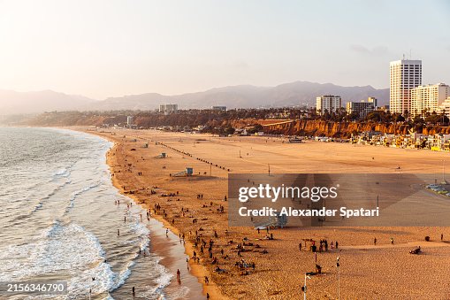 Santa Monica Beach and Los Angeles skyline at sunset, aerial view, California, USA Santa Monica Beach and Los Angeles skyline at sunset, aerial view, California, USA