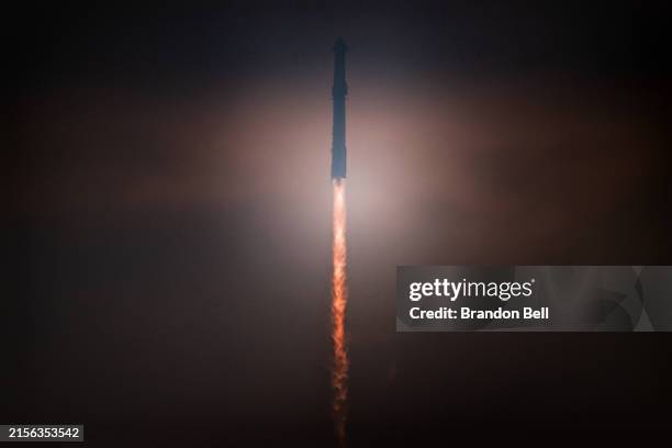 The SpaceX Starship launches during its fourth flight test from Boca Chica beach on June 06, 2024 in Brownsville, Texas. During the fourth flight...