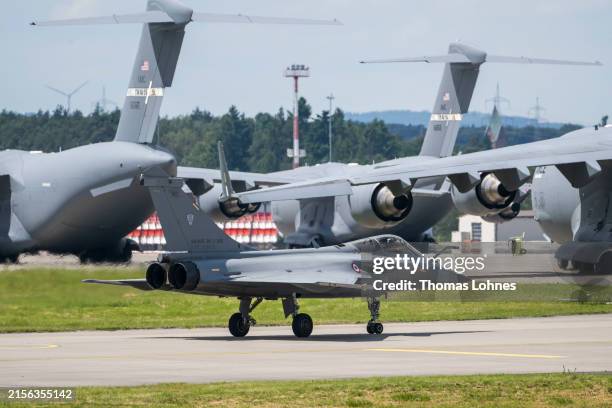 Dassault Rafale C combat airplane rolls to a hanger at Ramstein Air Base during a day of fighter plane exercises on June 06, 2024 in...
