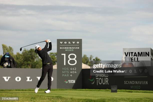 Sebastian Soderberg of Sweden tees off on the 18th hole during day one of the Volvo Car Scandinavian Mixed at Vasatorps Golfklubb on June 06, 2024 in...