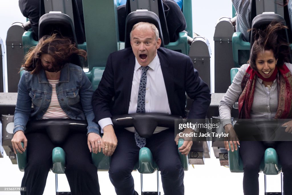 Ed Davey Makes A Campaign Visit To Thorpe Park After The Libdems Election Manifesto Launch