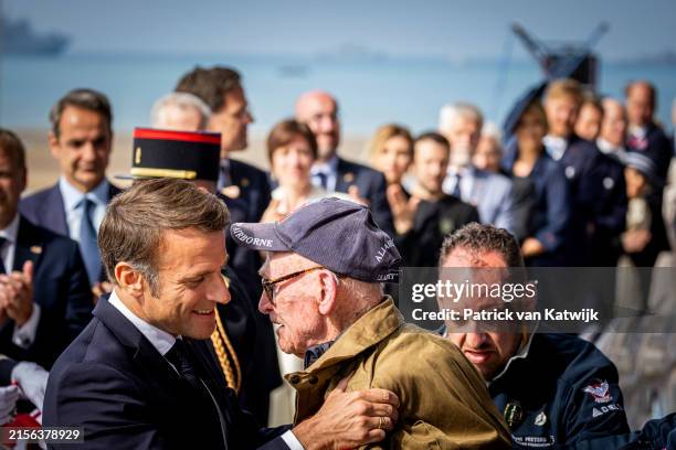President Emmanuel Macron of France attend the D-Day commemoration at Omaha beach on June 6, 2024 in Saint-Laurent-sur-Mer, France. Normandy is...