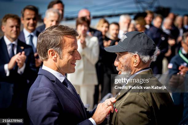 President Emmanuel Macron of France attend the D-Day commemoration at Omaha beach on June 6, 2024 in Saint-Laurent-sur-Mer, France. Normandy is...