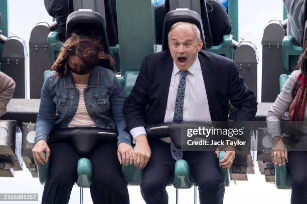 Leader of the Liberal Democrats Ed Davey rides on the 'Rush' ride at Thorpe Park amusement park on June 10, 2024 in Chertsey, England. The Liberal...
