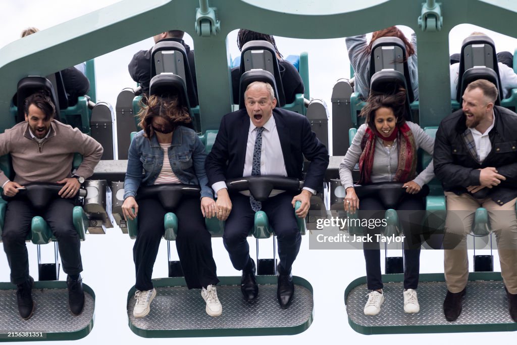 Ed Davey Makes A Campaign Visit To Thorpe Park After The Libdems Election Manifesto Launch