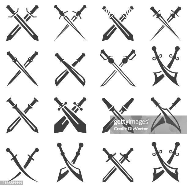 gekreuzte schwerter icon-set - schwert stock-grafiken, -clipart, -cartoons und -symbole