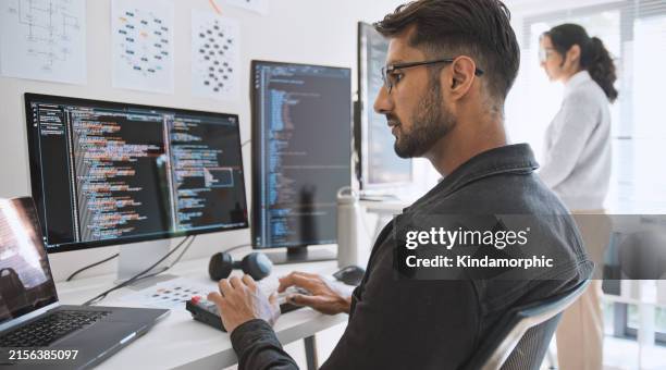 hispanic latin american couple, software engineer developer use computer, work on program coding together at home office. programming language development technology, freelance job concept - data science stock pictures, royalty-free photos & images