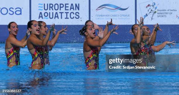 Team Greece perform their routine during the team technical final at the 2024 European Aquatics Championships on June 10, 2024 in Belgrade, Serbia.