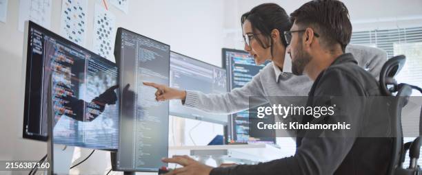 hispanic latin american couple, software engineer developer use computer, work on program coding together at home office. programming language development technology, freelance job concept - software de computador imagens e fotografias de stock