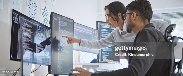 Hispanic Latin American couple, software engineer developer use computer, work on program coding together at home office. Programming language development technology, freelance job concept Hispanic Latin American couple, software engineer developer use computer, work on program coding together at home office. Programming language development technology, freelance job concept