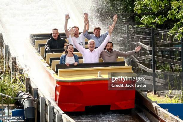 Leader of the Liberal Democrats Ed Davey rides on the 'Tidal Wave' ride at Thorpe Park amusement park on June 10, 2024 in Chertsey, England. The...