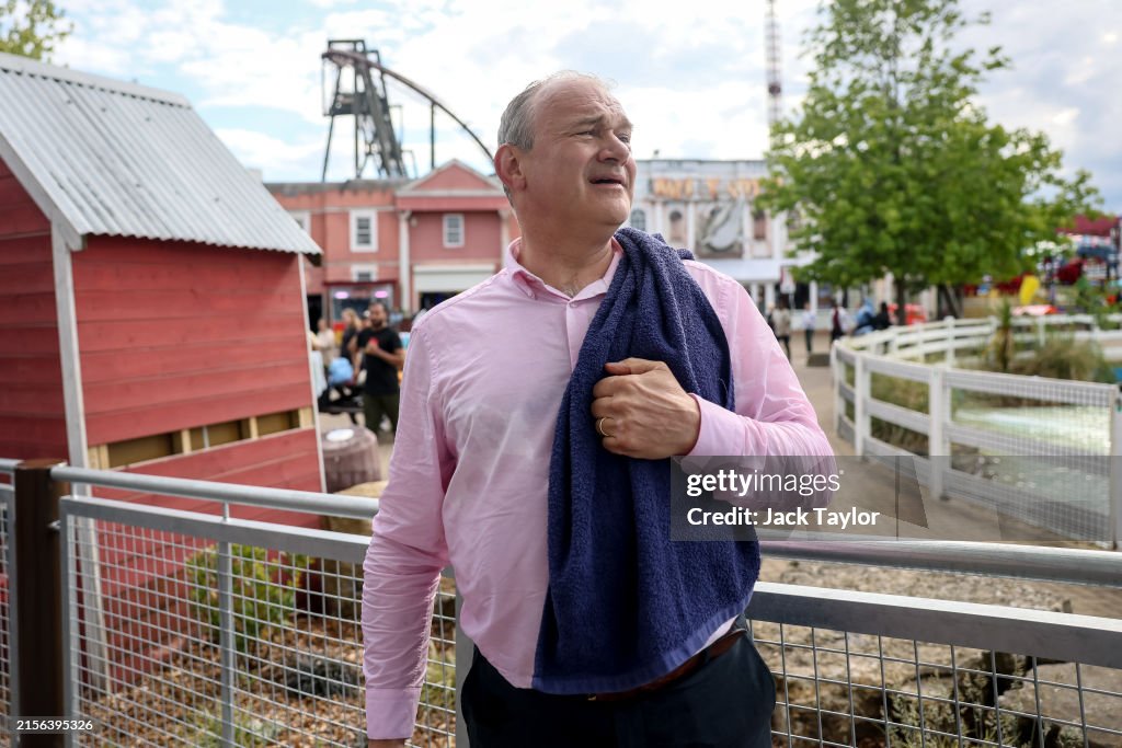 Ed Davey Makes A Campaign Visit To Thorpe Park After The Libdems Election Manifesto Launch