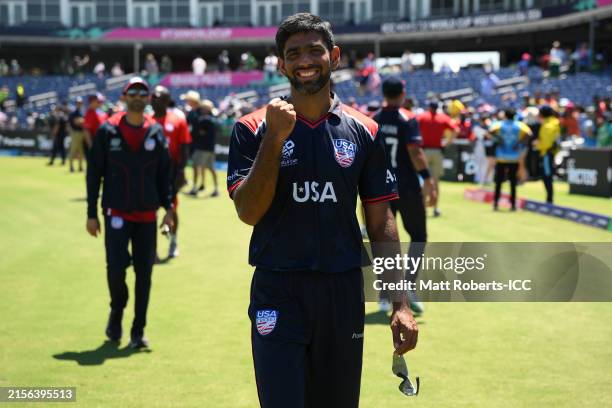 Saurabh Netravalkar of USA celebrates victory during the ICC Men's T20 Cricket World Cup West Indies & USA 2024 match between USA and Pakistan at...