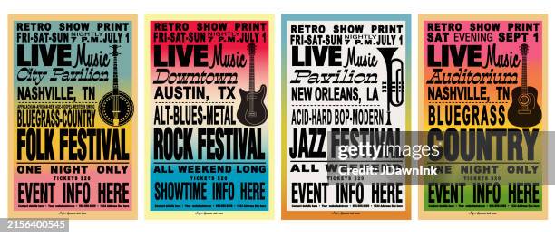 set of folk, rock jazz and country festival hatch style retro poster typography design template with gradient background - old poster stock illustrations