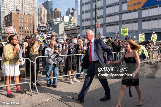Gala attendees are heckled by pro Palestinian demonstrators gathered outside a police gala at the Intrepid Museum on June 06, 2024 in New York City....