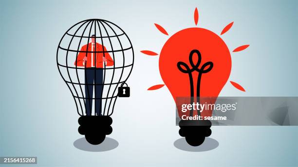 businessmen locked inside de-energized light bulbs and glowing light bulbs, lack of creativity and ideas, imprisoned minds, unsolvable problems - stuck inside stock illustrations