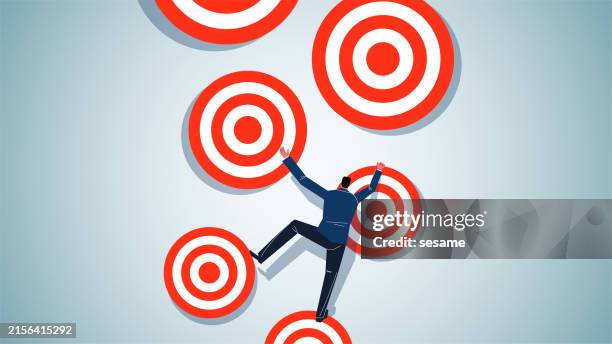 reach a higher goal or complete a challenging task, set a goal and complete it, challenge the difficulties of self-improvement, businessmen strive to climb upward to climb one target after another - difficult journey stock illustrations