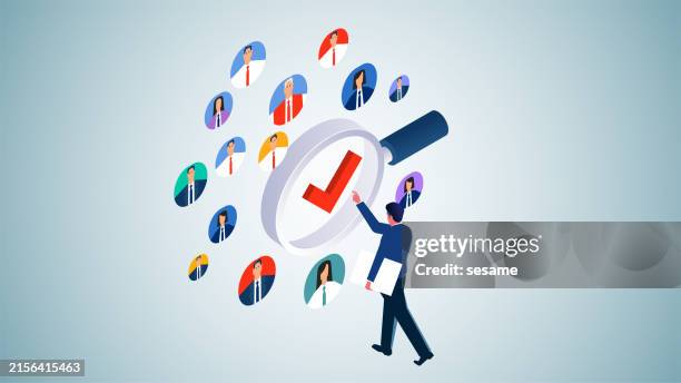 hr recruitment screening, competition for talent, reorganization of team structure, isometric trader standing in front of a magnifying glass analyzing recruiters - candidate stock illustrations