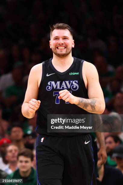 Luka Doncic of the Dallas Mavericks reacts during the second quarter against the Boston Celtics in Game One of the 2024 NBA Finals at TD Garden on...