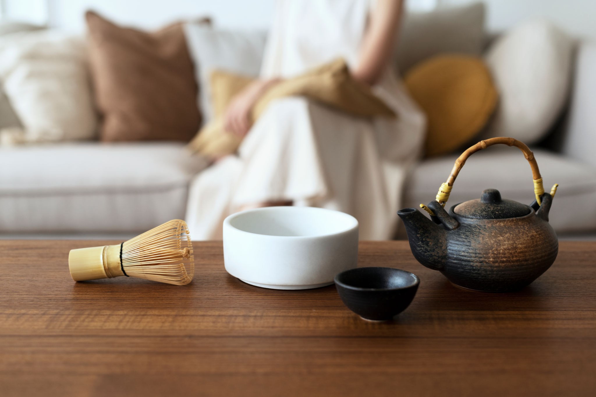 Matcha tea making tool set on wooden table Matcha tea making tool set on wooden table