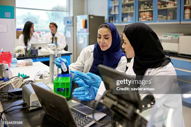 saudi women in hijab working in medical lab - west asia stock pictures, royalty-free photos & images