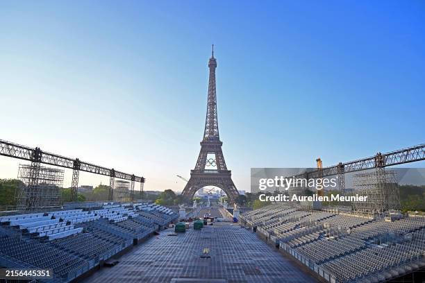 View of the Eiffel Tower as The Olympic Rings are displayed 50 days before the opening of the Olympic Games at Place Du Trocadero on June 07, 2024 in...