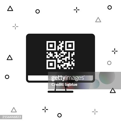 Desktop computer with QR code. Icon on white background Desktop computer with QR code. Icon on white background